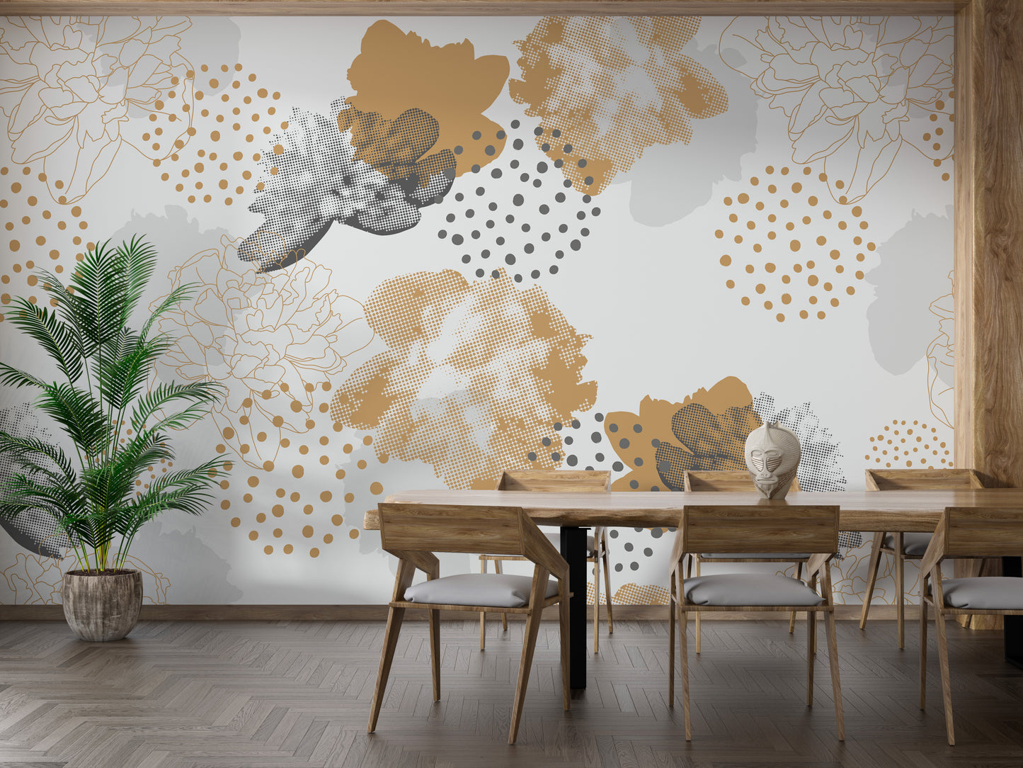 Gold Black Modern Floral wallpaper mural in gold and grey behind a wood dining table and chairs with a potted palm