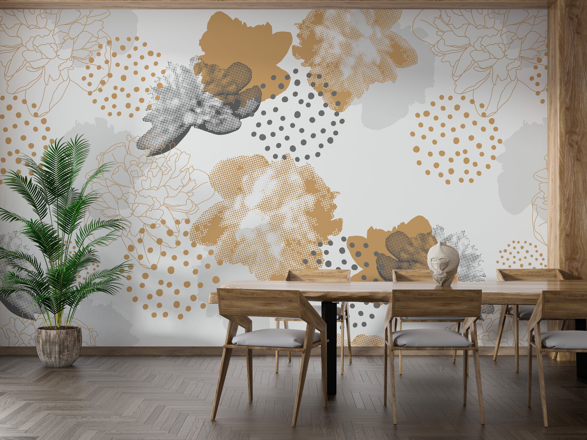 Gold Black Modern Floral wallpaper mural in gold and grey behind a wood dining table and chairs with a potted palm