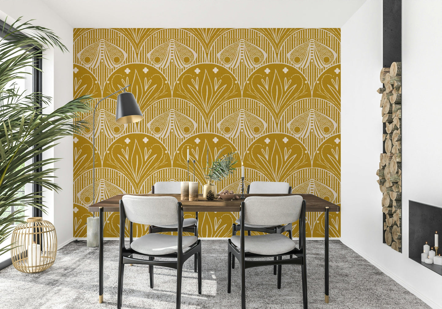 Boho Art Nouveau Scallop Butterfly Floral in Mustard Gold Wallpaper⁠