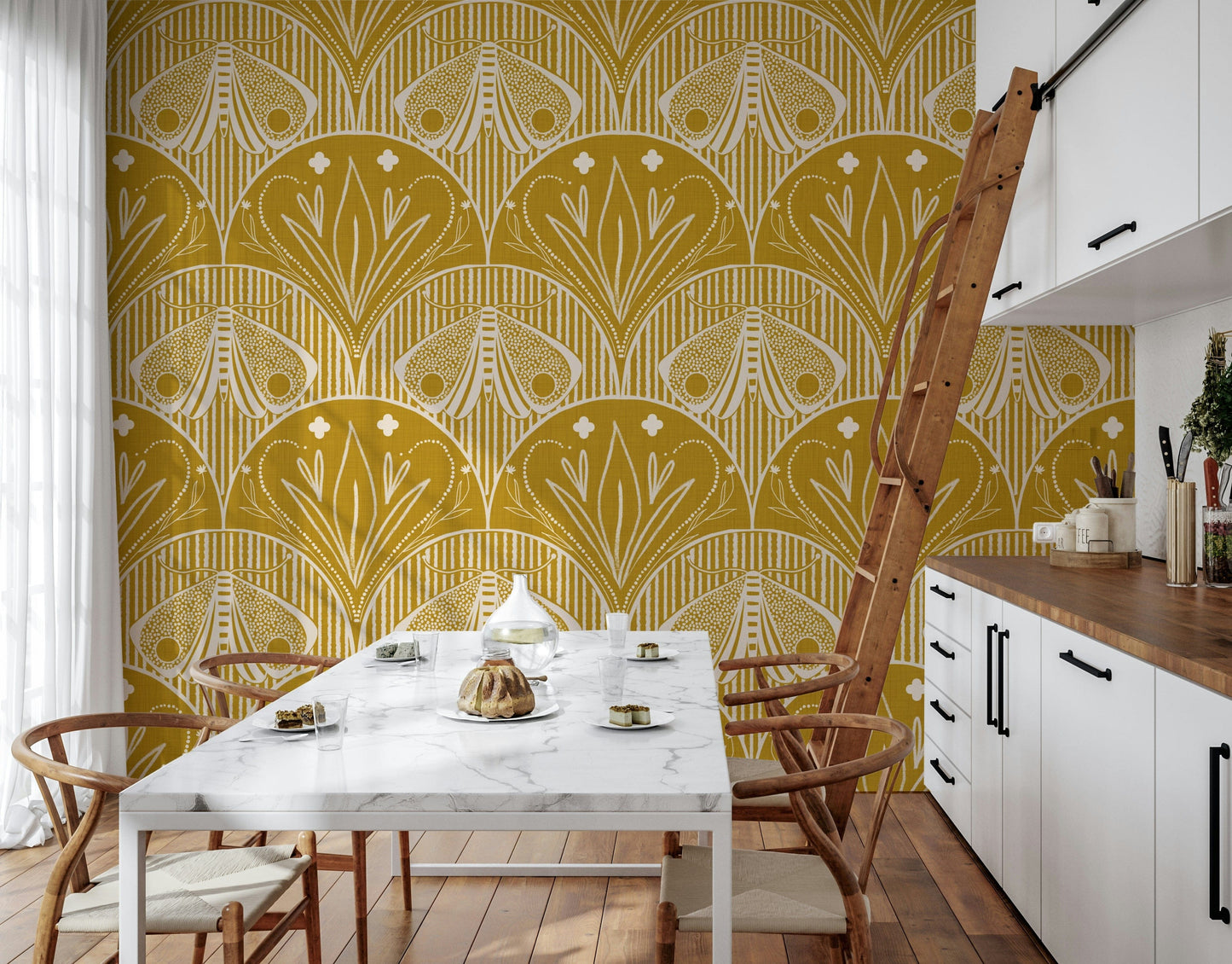 Boho Art Nouveau Scallop Butterfly Floral in Mustard Gold Wallpaper⁠