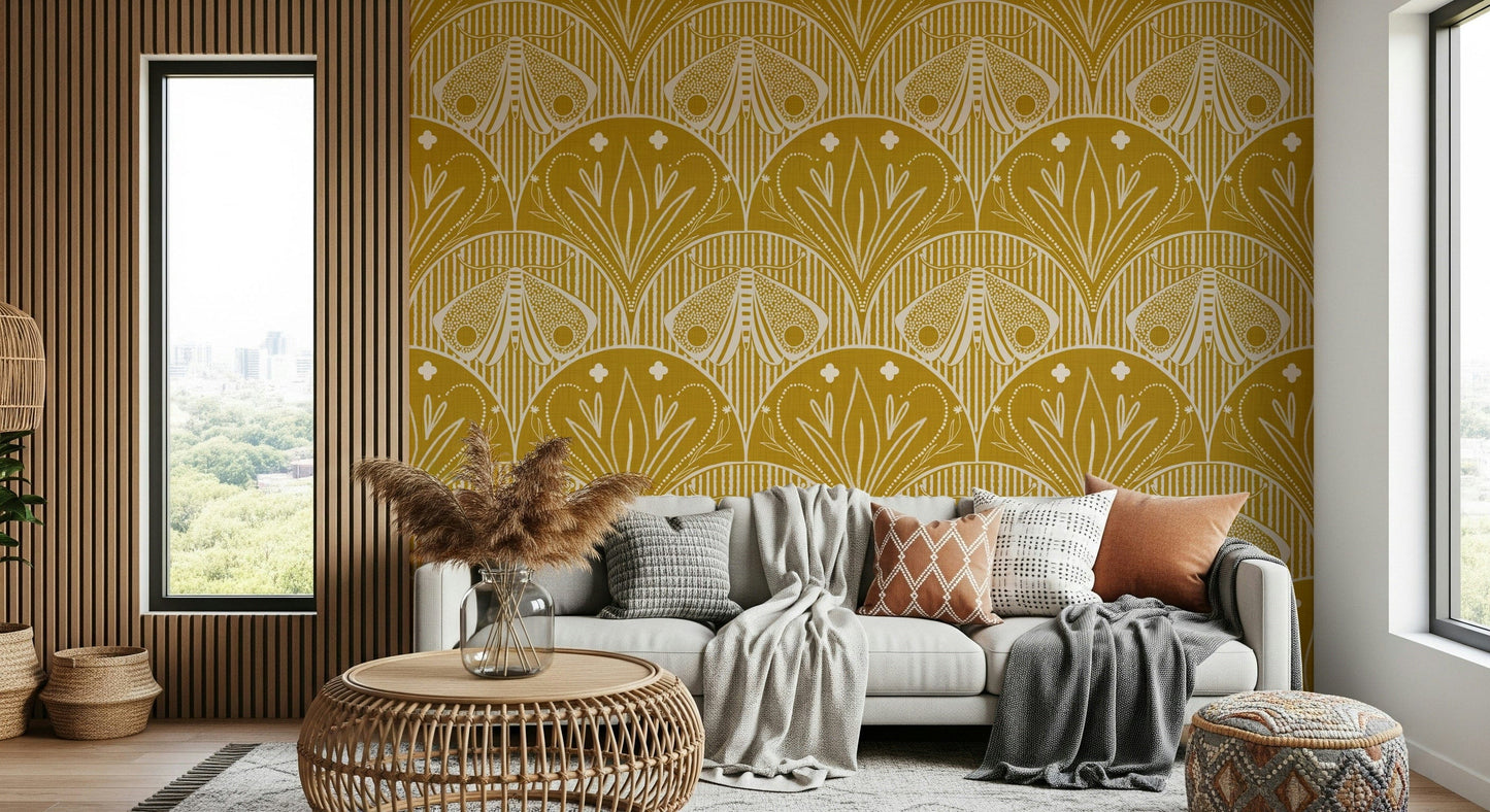 Boho Art Nouveau Scallop Butterfly Floral in Mustard Gold Wallpaper⁠