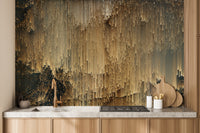 Gold Falling Light Pixels wallpaper mural styled along a hallway feature wall near a console in yellow tones