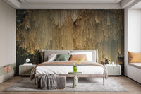 Gold Falling Light Pixels wallpaper mural styled as a feature wall behind a dining table and chairs in yellow tones