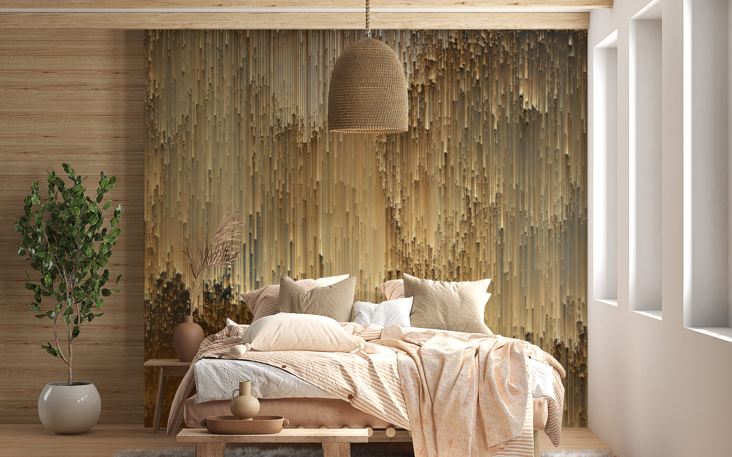 Gold Falling Light Pixels wallpaper mural as a bedroom feature wall behind the headboard in yellow tones