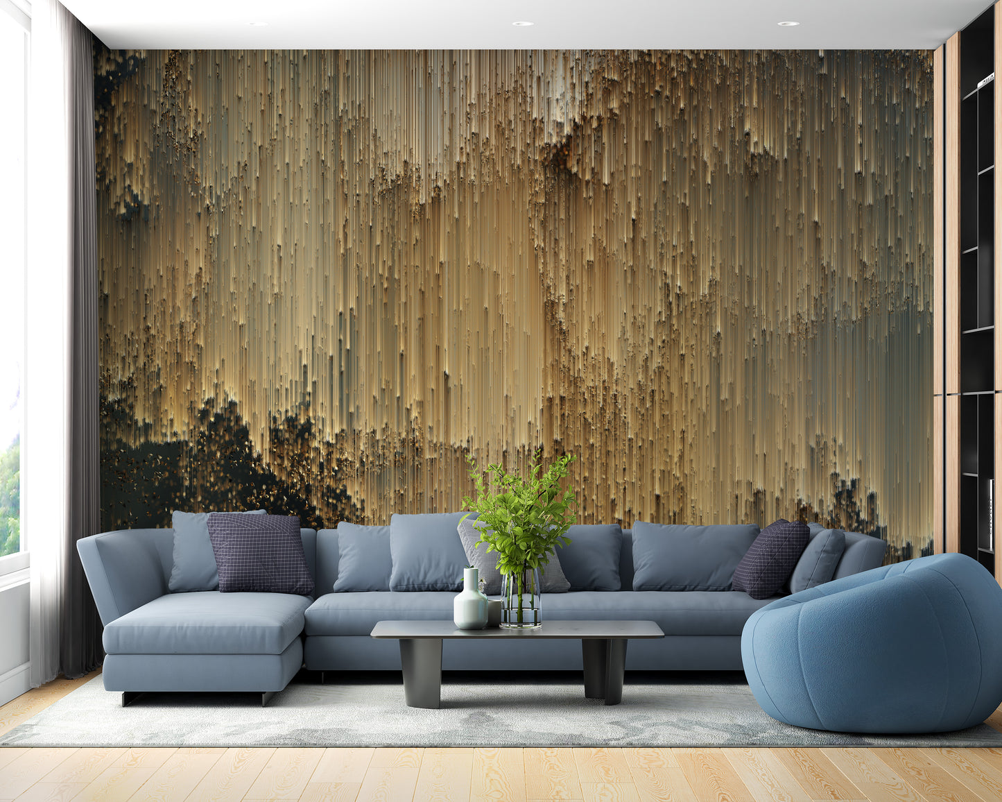 Gold Falling Light Pixels wallpaper mural displayed across a full wall in a modern living space in yellow tones