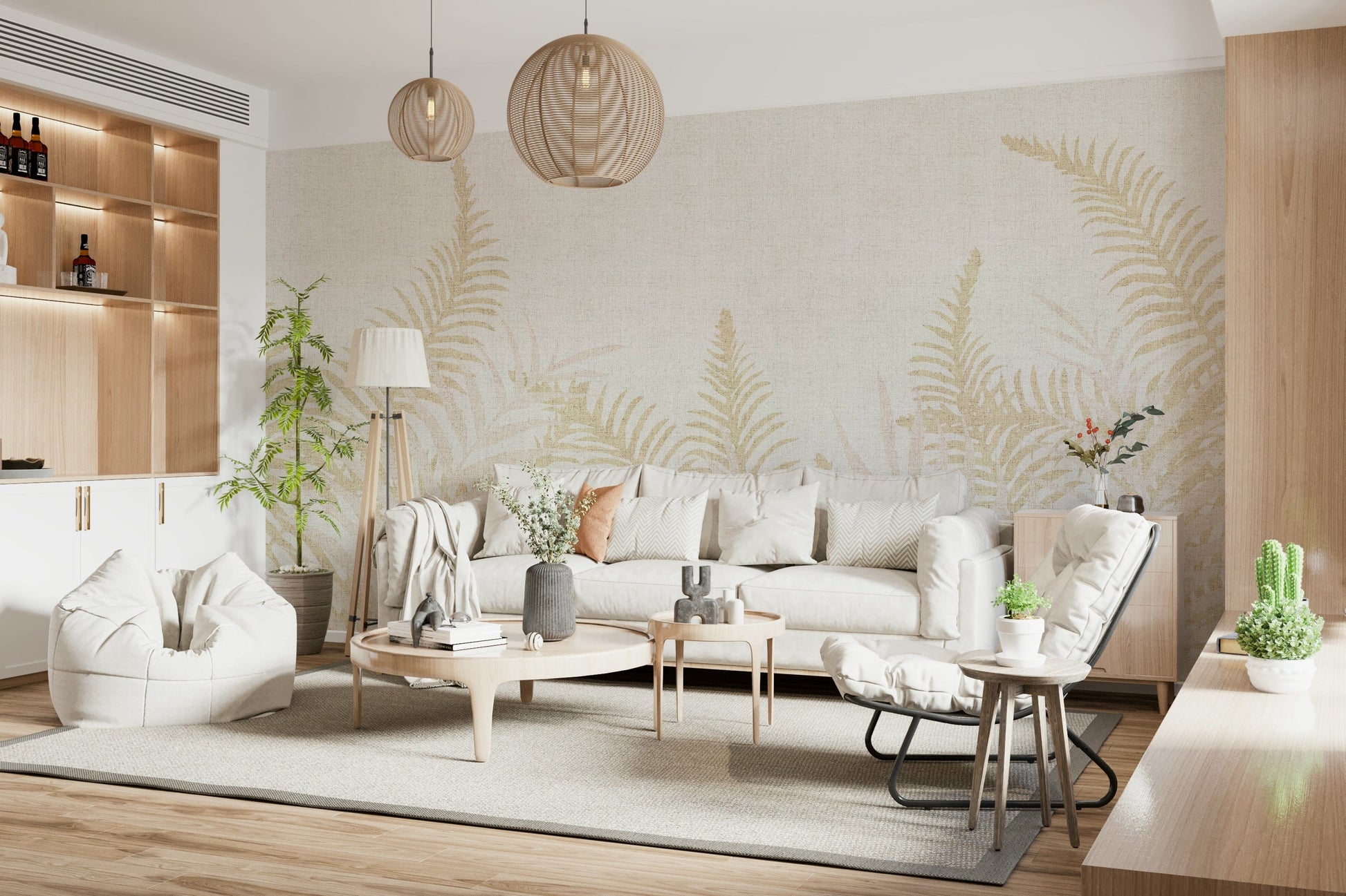 Gentle beige wallpaper mural, leafy Into The Jungle style.