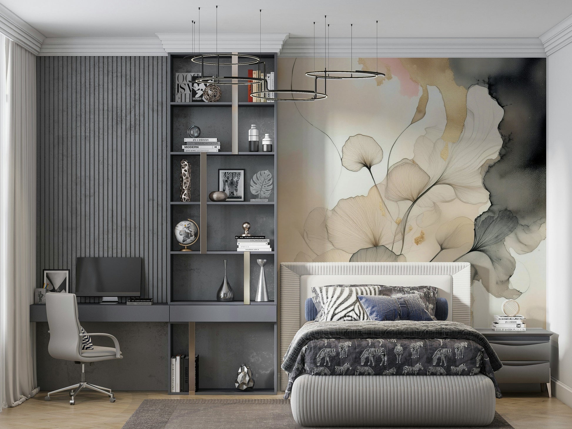 Contemporary floral wall mural featuring expressive ink strokes and a minimalist aesthetic.