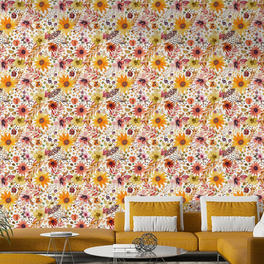 Big Sunflowers Floral Gold wallpaper behind a mustard sectional sofa with white cushions in a living room