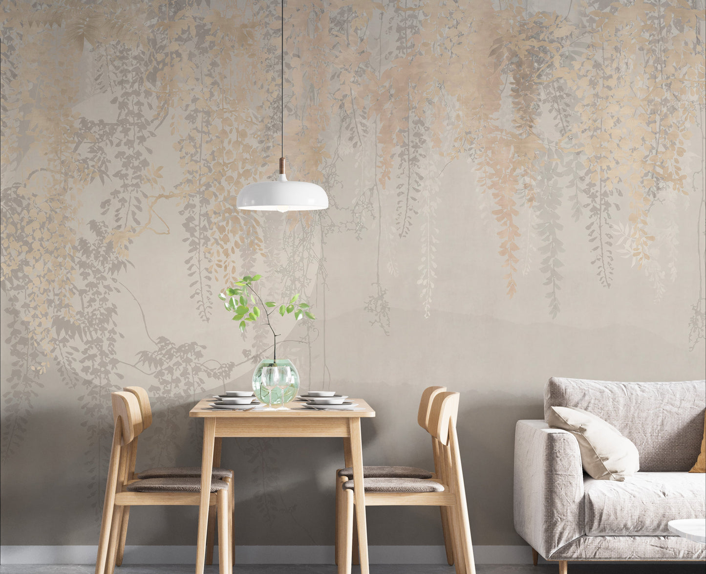 Golden and grey hanging leaves wallpaper
