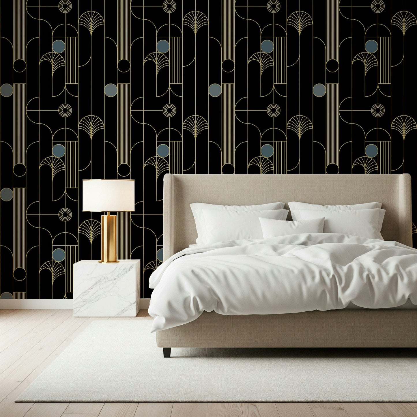 Golden Arcadia Harmony Deco wallpaper in black and gold deco shapes behind a beige upholstered bed with gold lamp