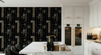 Golden Arcadia Harmony Deco wallpaper in black and gold deco pattern in a kitchen with marble island and dark stools