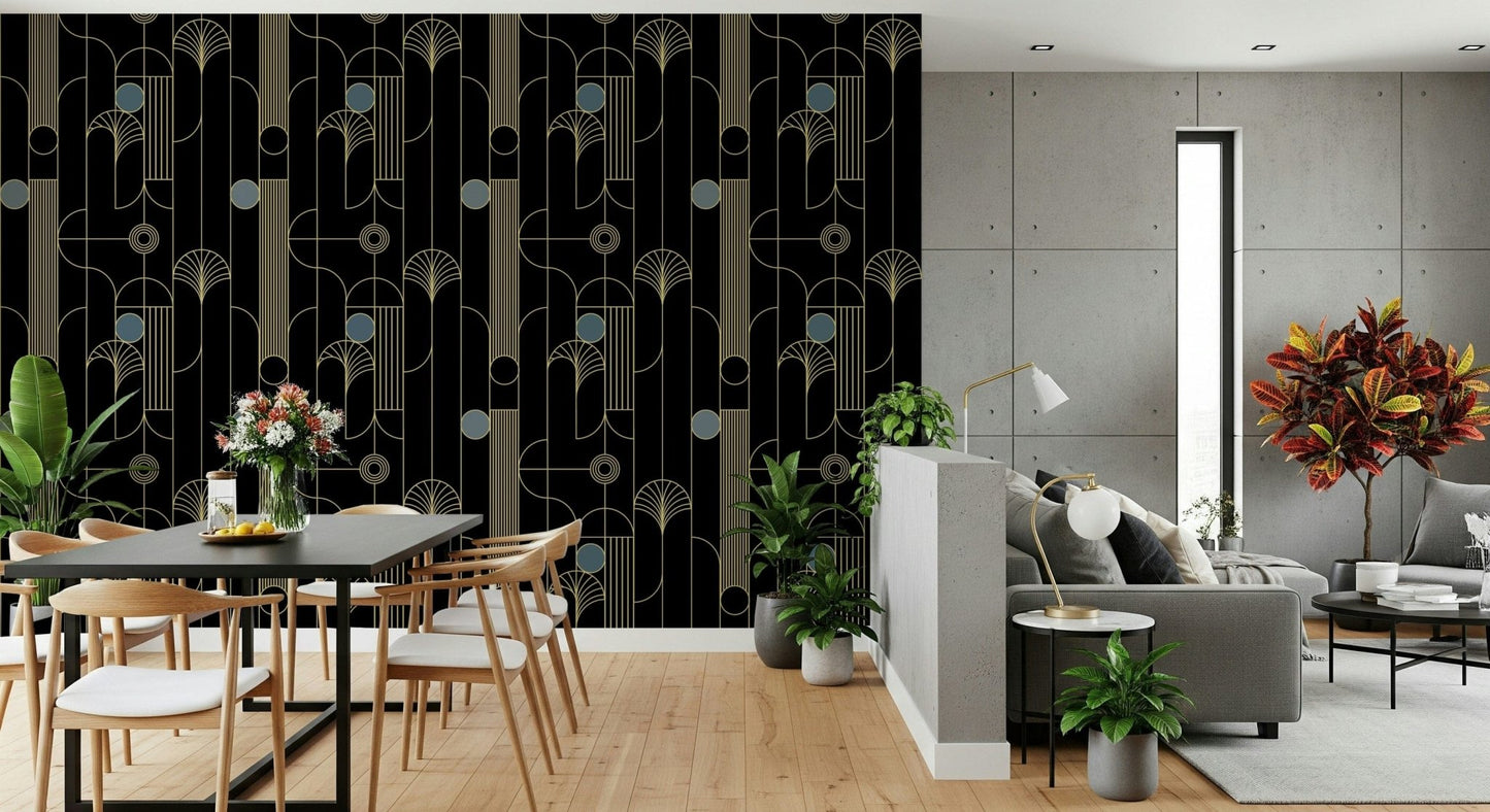 Golden Arcadia Harmony Deco wallpaper in black and gold deco pattern in a dining area with black table and grey sofa