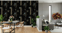 Golden Arcadia Harmony Deco wallpaper in black and gold deco pattern in a dining area with black table and grey sofa