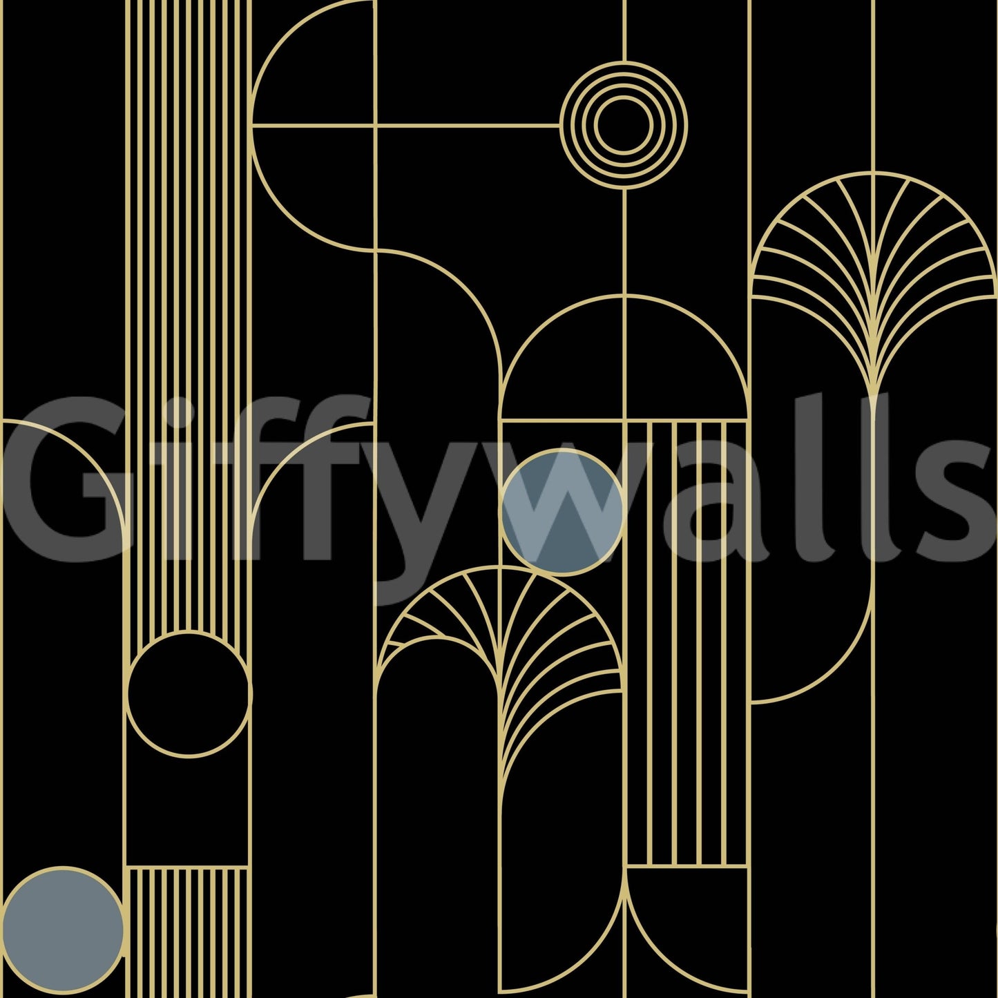 Golden Arcadia Harmony Deco wallpaper close-up showing the black, gold and slate fan and circle pattern detail
