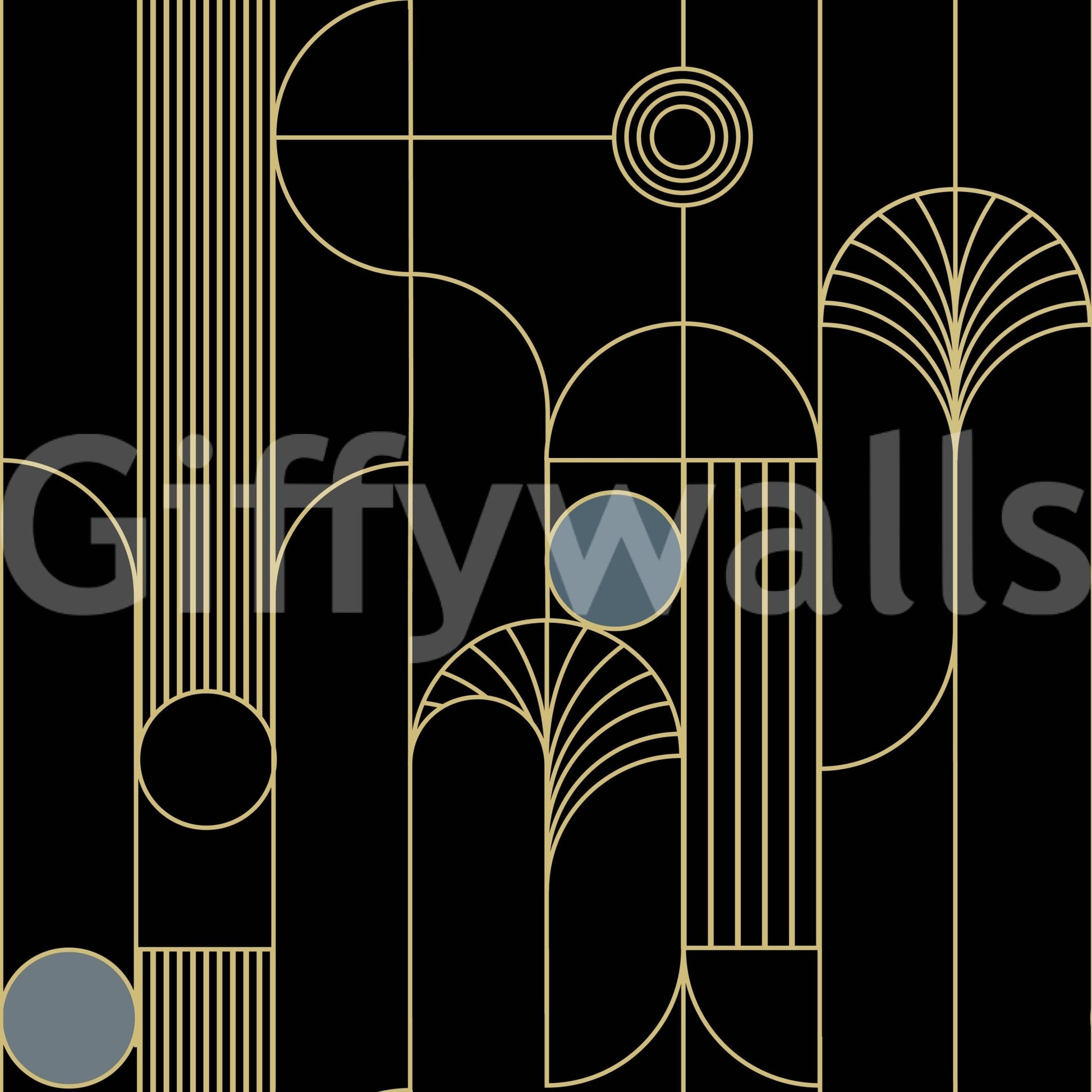 Golden Arcadia Harmony Deco wallpaper close-up showing the black, gold and slate fan and circle pattern detail