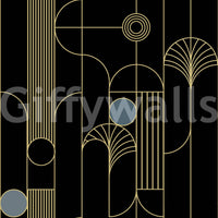 Golden Arcadia Harmony Deco wallpaper close-up showing the black, gold and slate fan and circle pattern detail