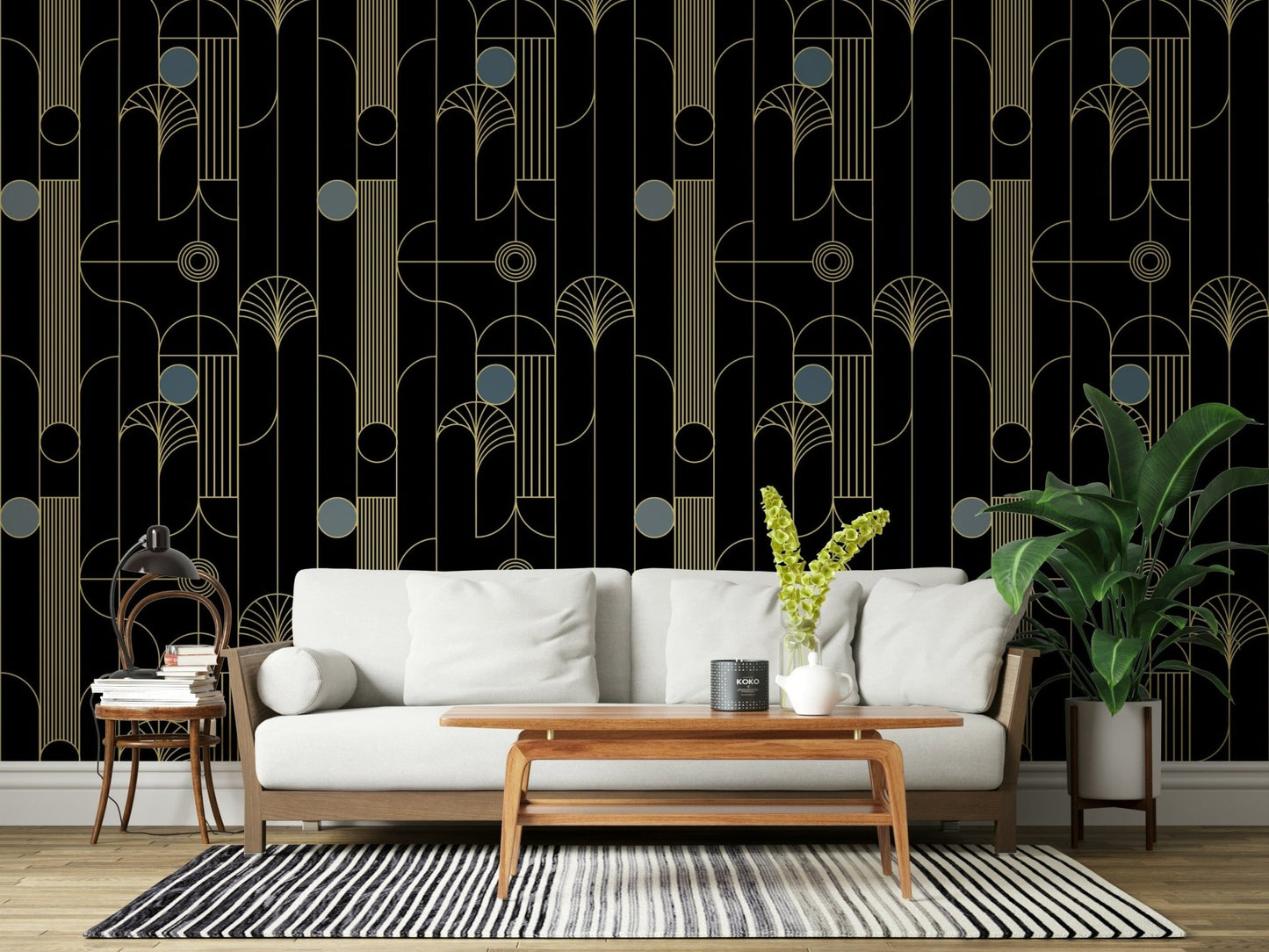 Golden Arcadia Harmony Deco wallpaper in black and gold deco fans behind a white sofa with walnut coffee table
