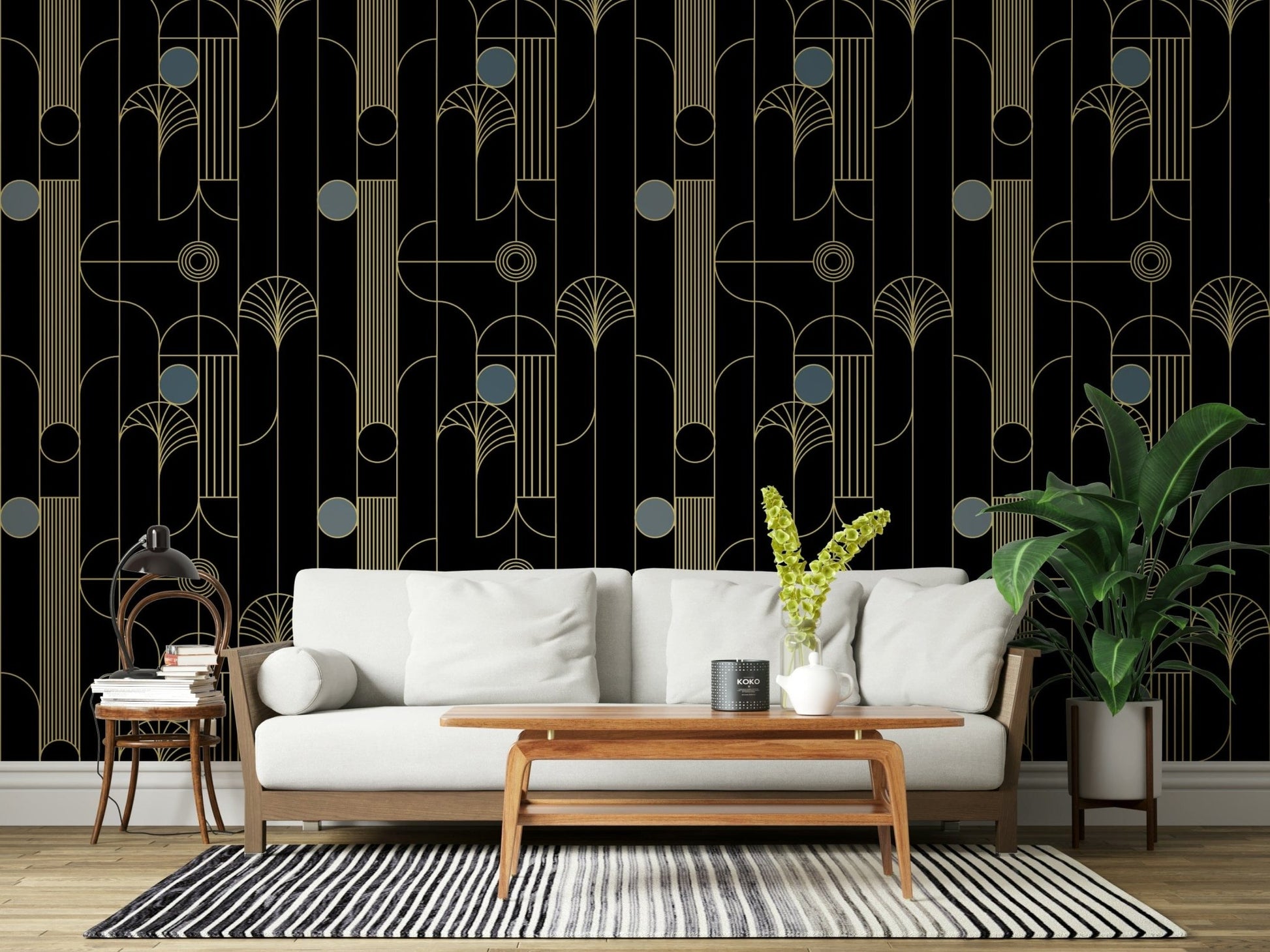 Golden Arcadia Harmony Deco wallpaper in black and gold deco fans behind a white sofa with walnut coffee table