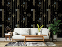 Golden Arcadia Harmony Deco wallpaper in black and gold deco fans behind a white sofa with walnut coffee table