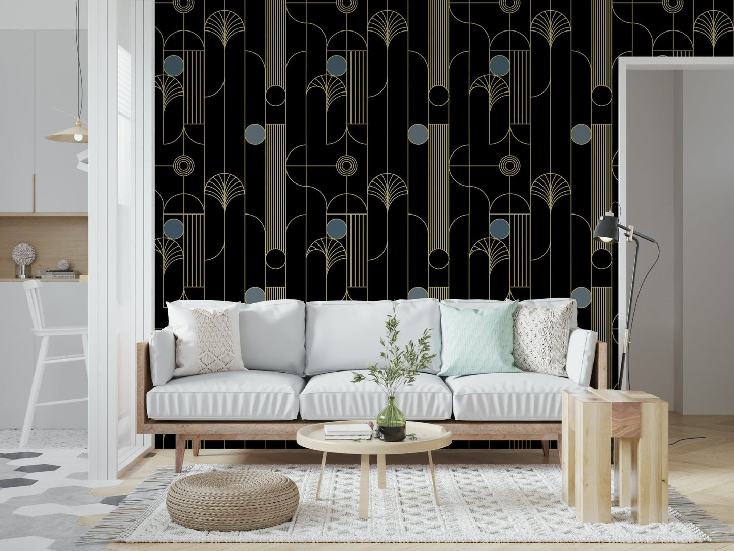 Golden Arcadia Harmony Deco wallpaper in black and gold deco fans behind a white sofa with jute pouf and floor lamp