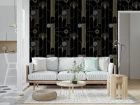 Golden Arcadia Harmony Deco wallpaper in black and gold deco fans behind a white sofa with jute pouf and floor lamp