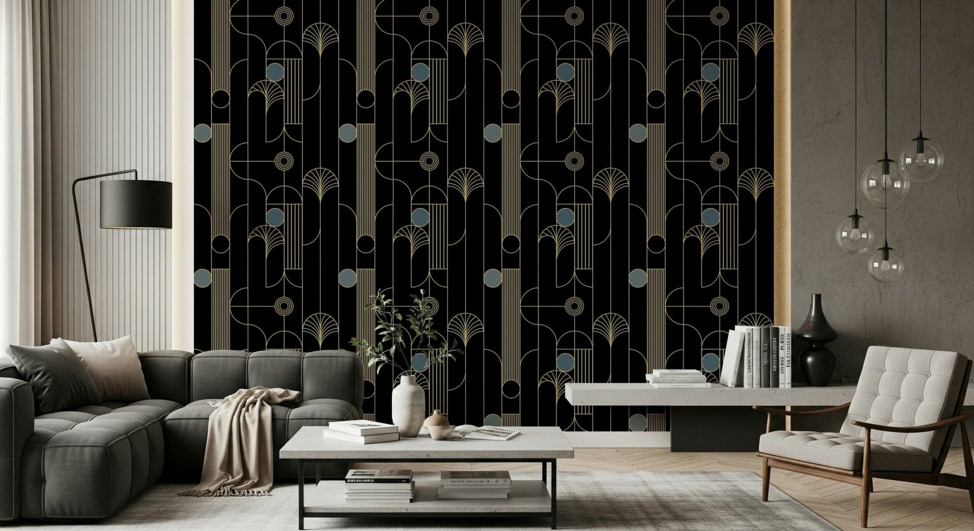 Golden Arcadia Harmony Deco wallpaper in black and gold deco pattern behind a grey sectional with glass globe pendants