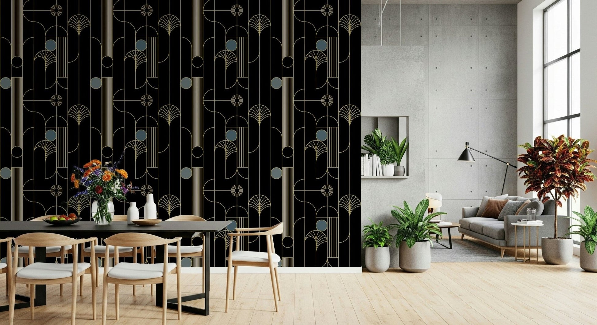 Golden Arcadia Harmony Deco wallpaper in black and gold deco pattern in a dining room with black table and wood chairs