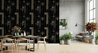 Golden Arcadia Harmony Deco wallpaper in black and gold deco pattern in a dining room with black table and wood chairs