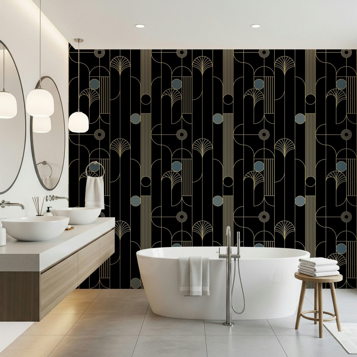 Golden Arcadia Harmony Deco wallpaper in black and gold deco pattern behind a white freestanding tub and double sinks