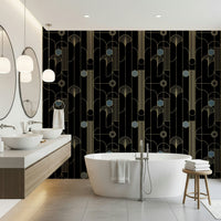 Golden Arcadia Harmony Deco wallpaper in black and gold deco pattern behind a white freestanding tub and double sinks
