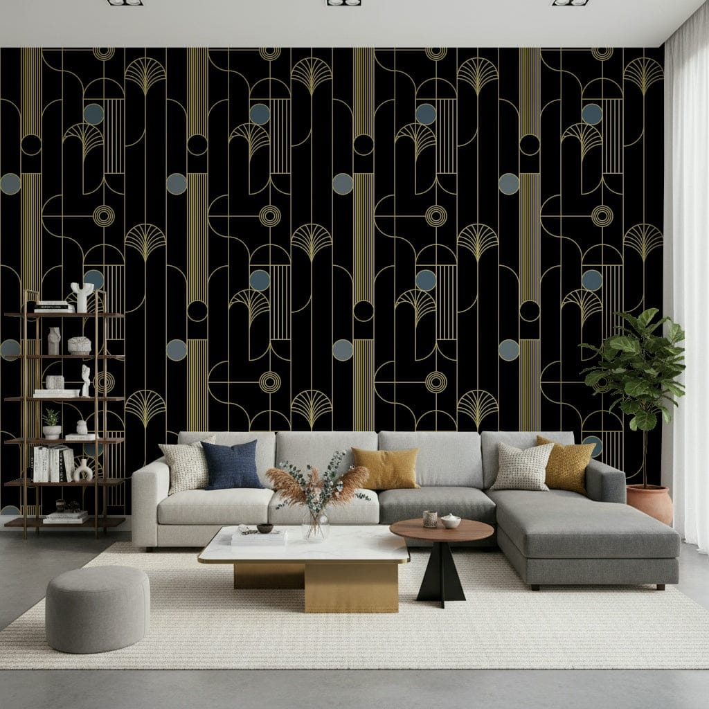 Golden Arcadia Harmony Deco wallpaper in black and gold deco shapes behind a grey sectional with mustard pillows