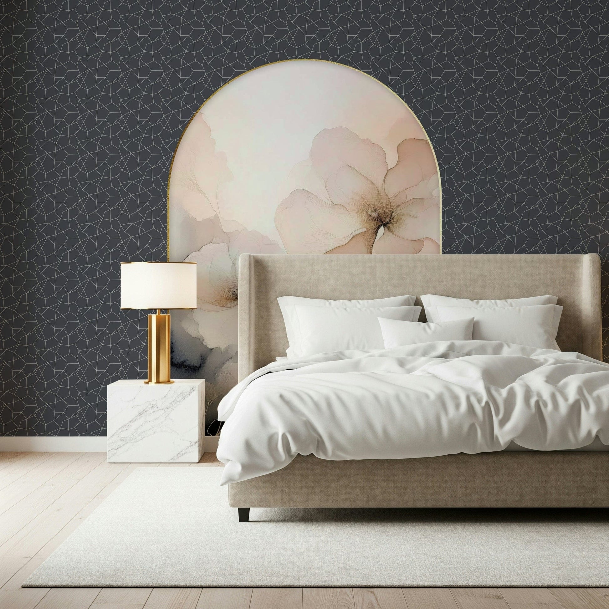 Wall mural depicting a dreamy garden archway adorned with pastel flowers and lush greenery.