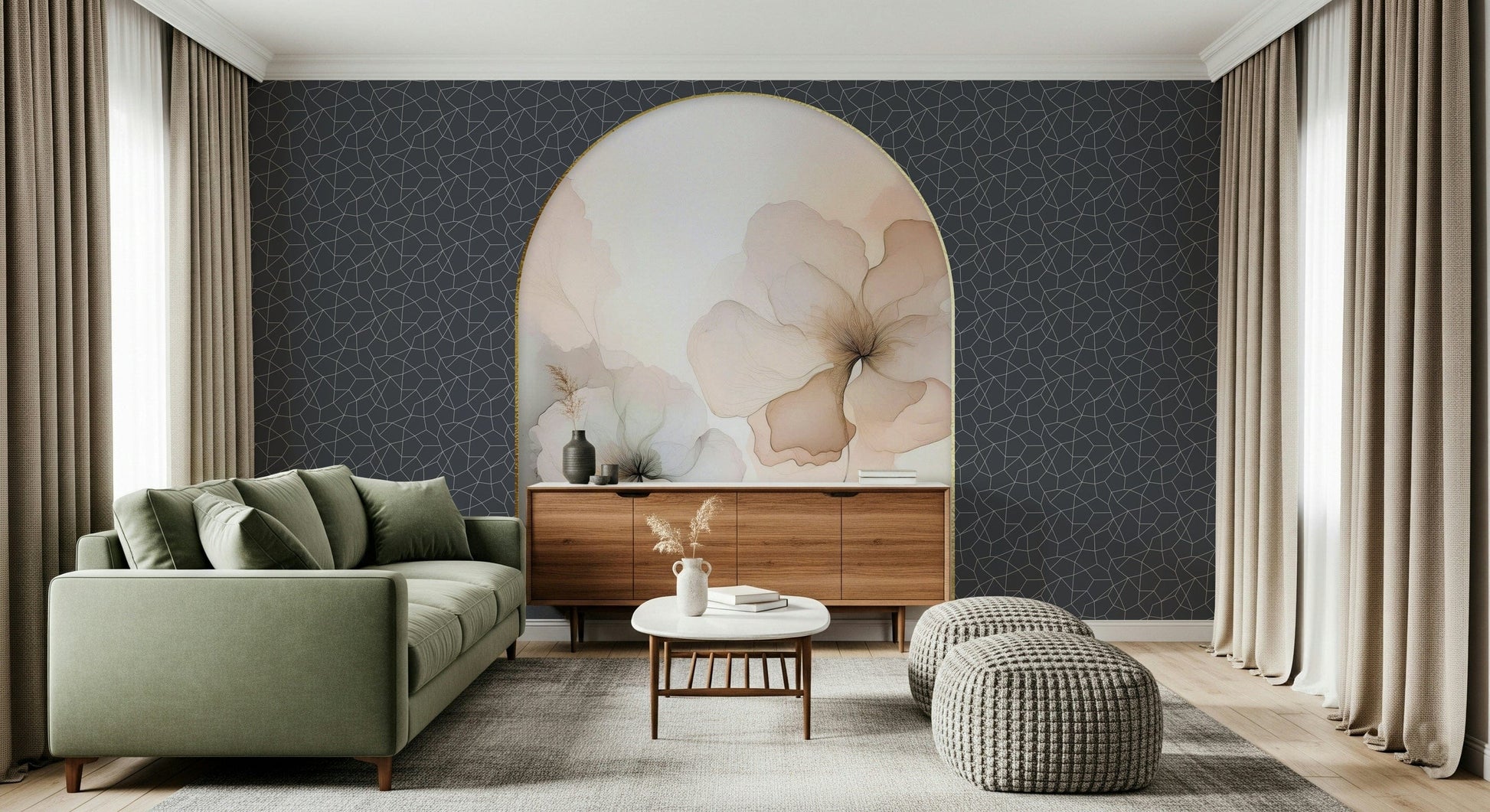 Floral arch mural with watercolor-inspired flowers and gentle gradients for a romantic look.