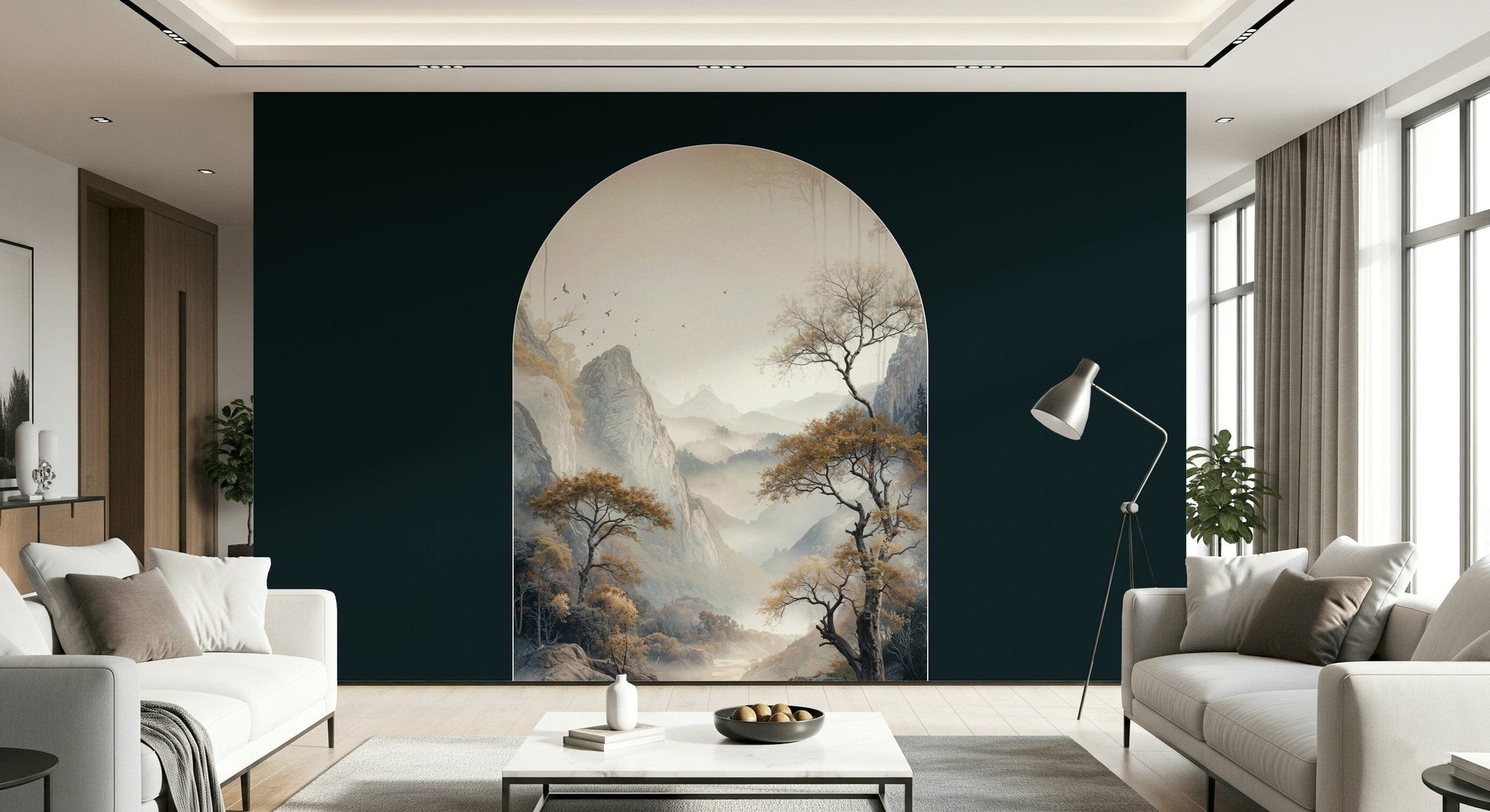 Golden Tree Archway design mural blending nature and elegance for a serene, opulent atmosphere.