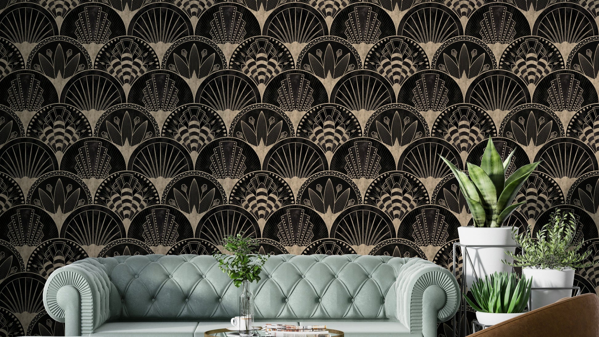 Golden fans on black wallpaper

