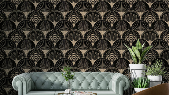 Golden fans on black wallpaper


