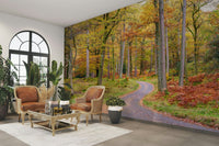 Golden Autumn Drive wall mural with vibrant fall foliage.

