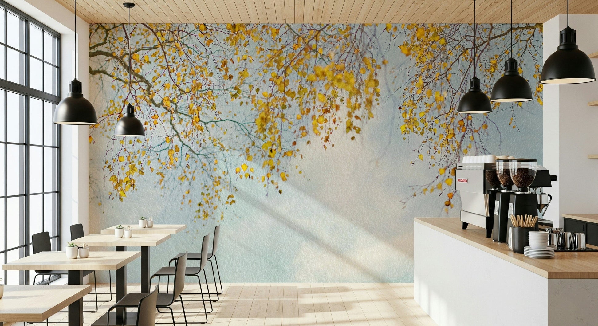 Hanging birch tree leaves pattern, peaceful aesthetic, room wallpaper.