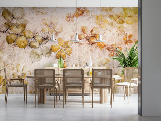 An artistic autumn foliage mural on minimalist wallpaper.

