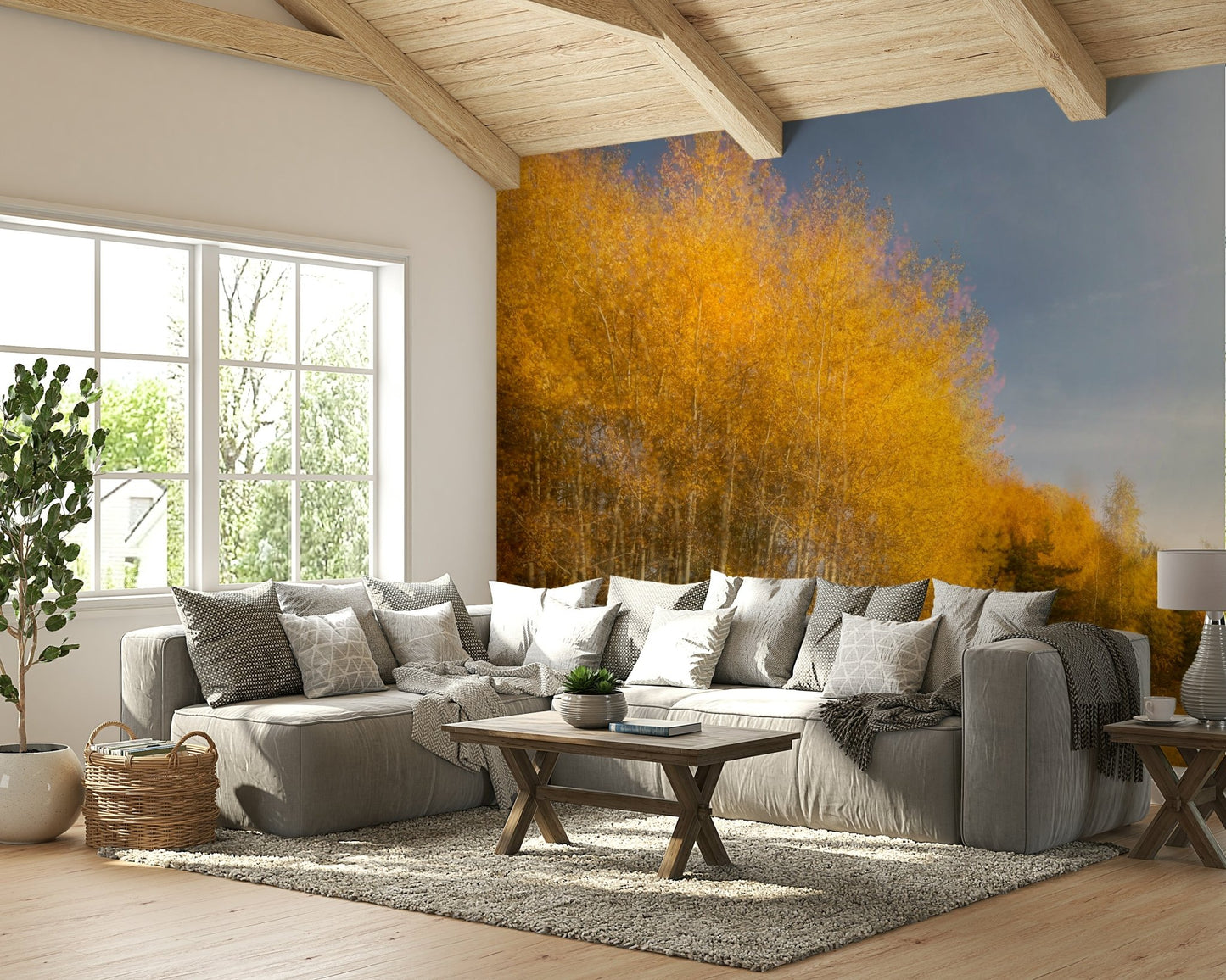 The mural shows a forest path with trees in vibrant shades of yellow and orange.

