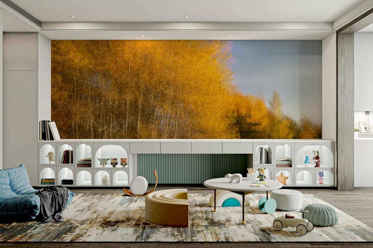 The colors are dominated by bright yellows, oranges, and earthy browns.

