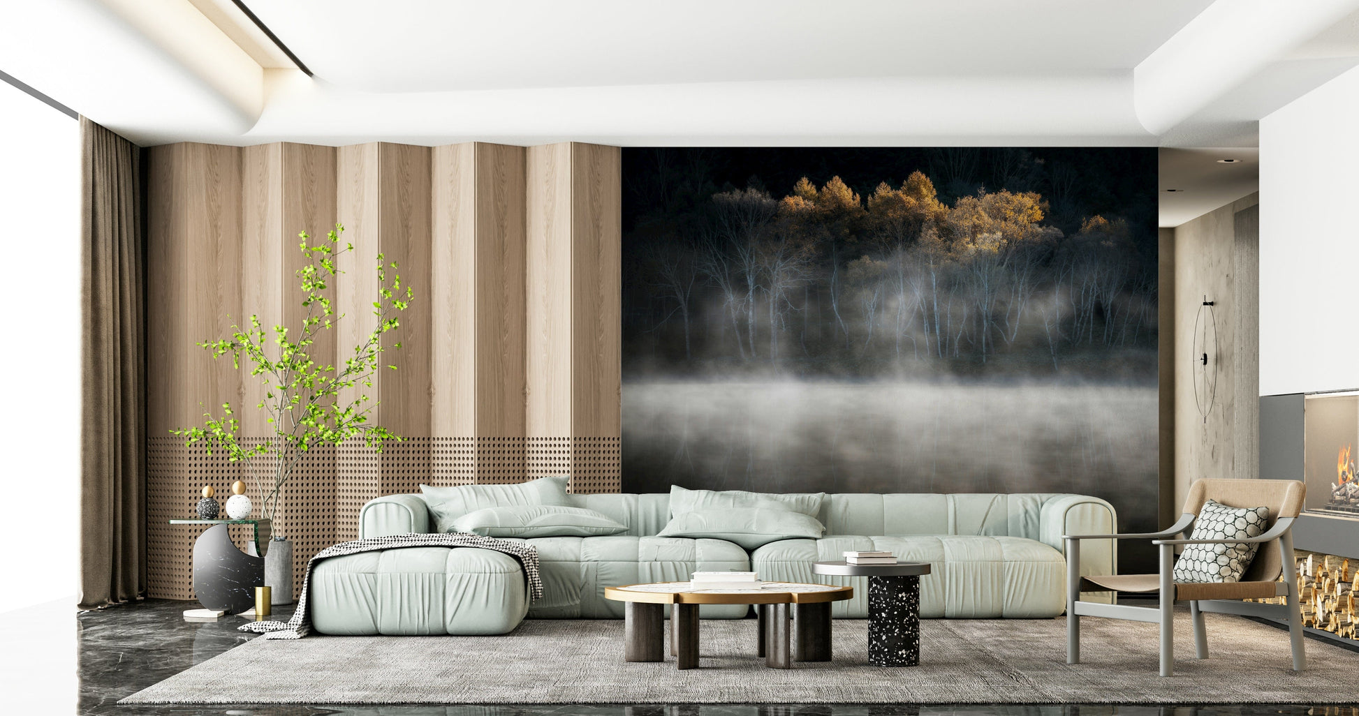 Woodland Solitude wall art, foggy lake side vista design.