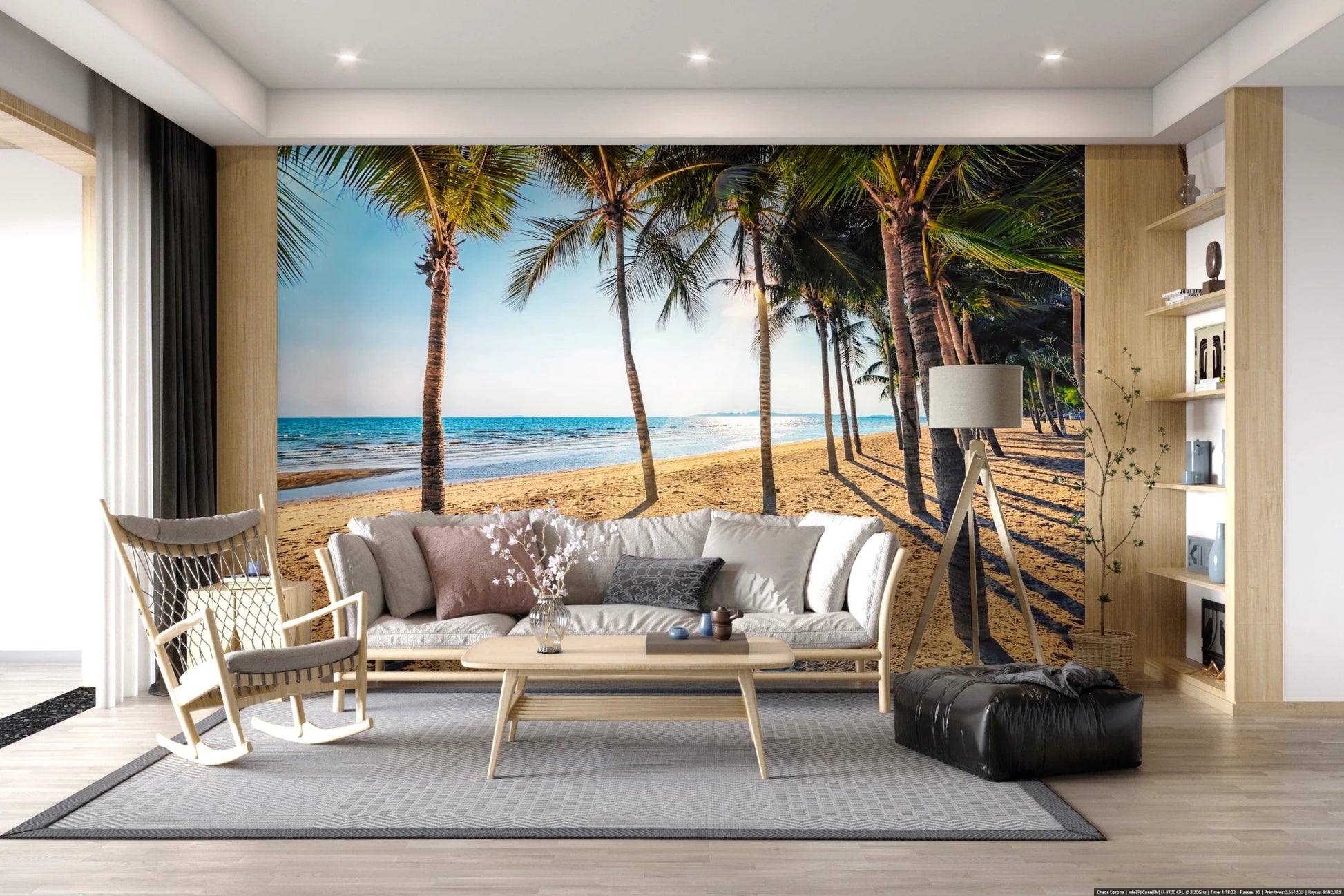 Golden Beach Palms wallpaper mural of palms and sand behind a white sofa and a wood rocking chair
