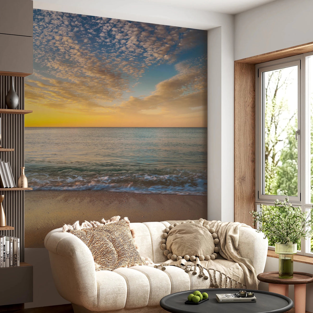 Golden Beach Sunrise mural of a glowing sea and clouds above a cream tufted sofa in a living room