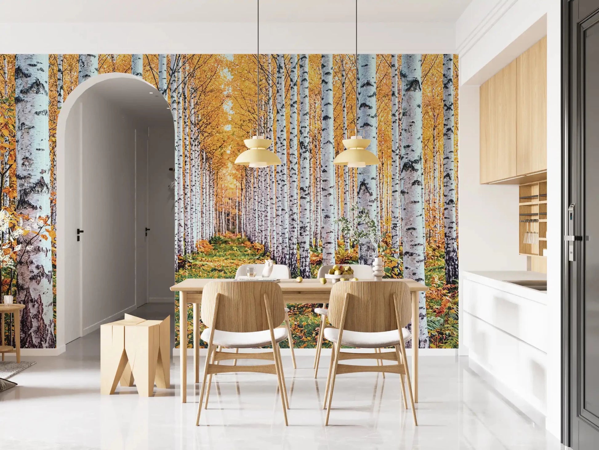 Birch forest wall mural for a dining room with golden leaves and woodland path