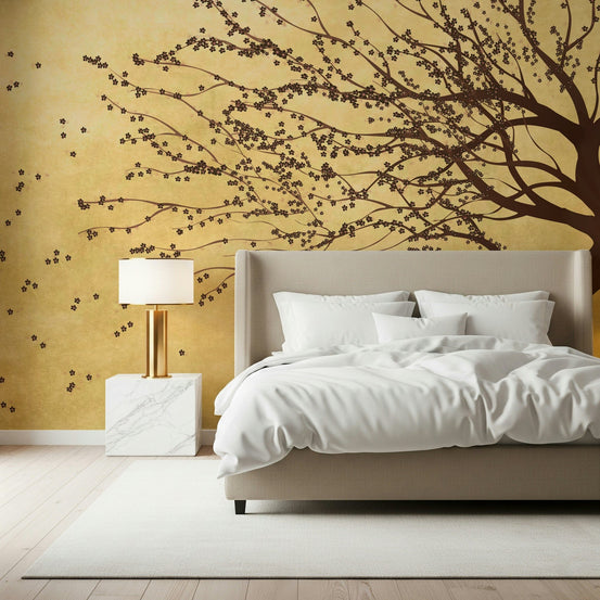 Golden floral mural in living space, warm colour feature wall