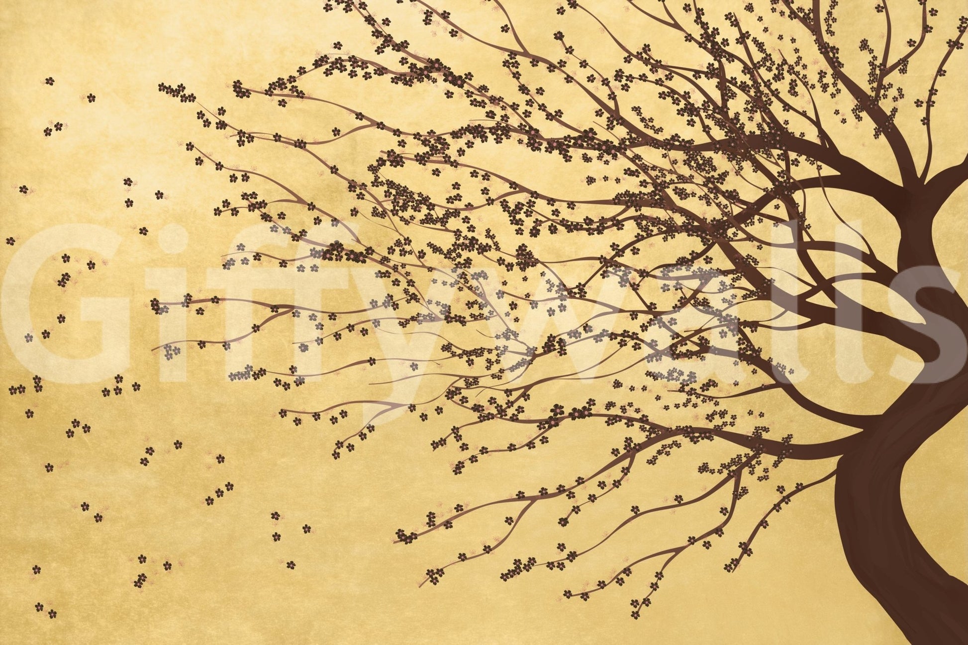Minimal lounge with golden bloom mural, warm colour depth