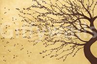Minimal lounge with golden bloom mural, warm colour depth
