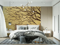 Golden floral wall mural in home office, clean styling backdrop