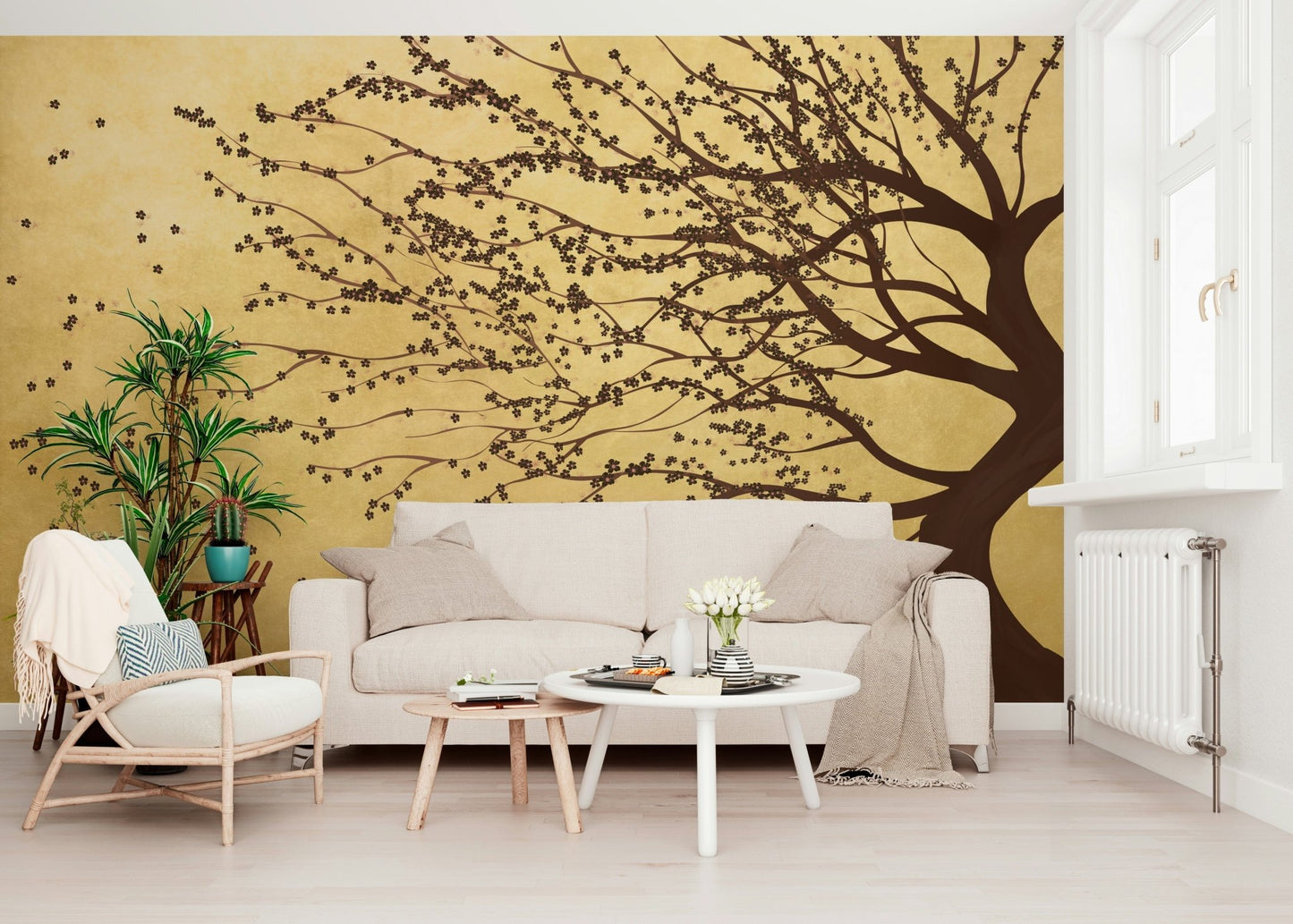 Living space with golden floral mural, modern feature wall look